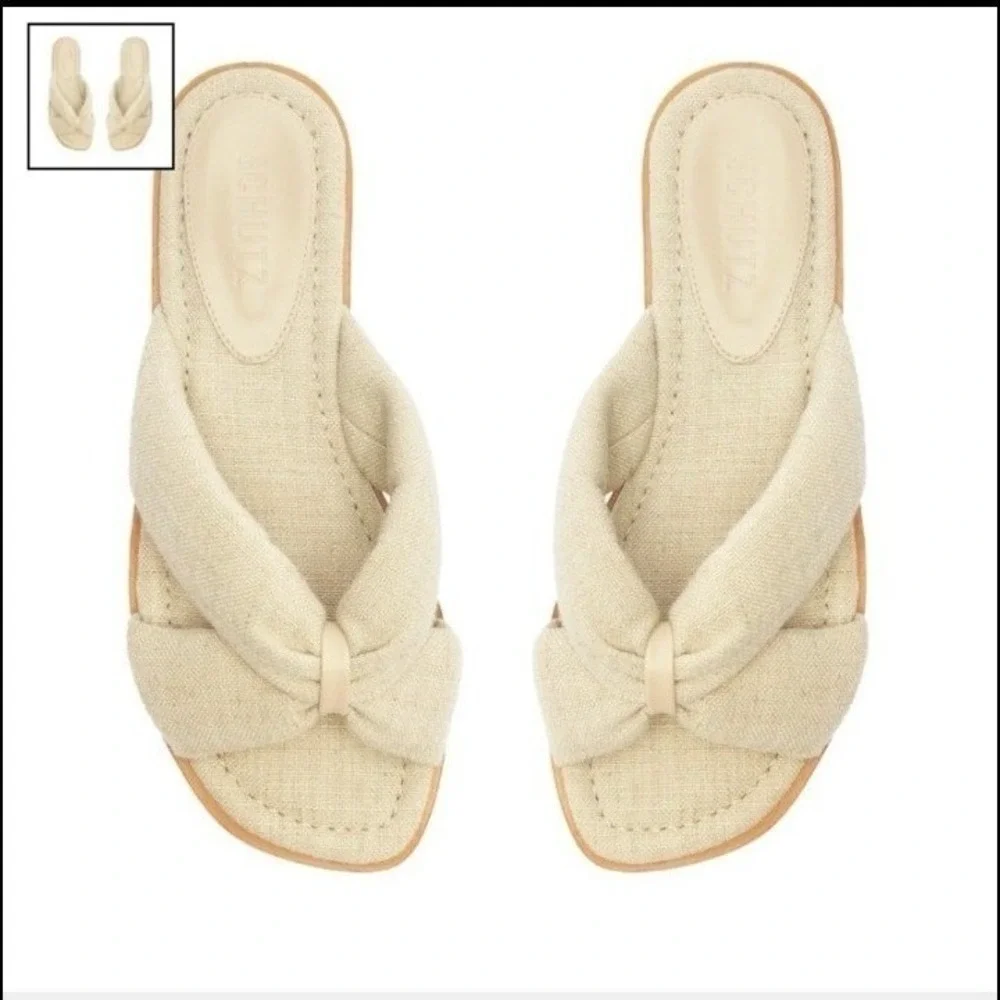 SCHUTZ Fairy Casual Linen Sandals Oyster Square Toe Sandal Size 5B With Dust Bag